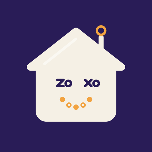 Zoxohome app icon: a smiling cream house with an orange antenna on purple