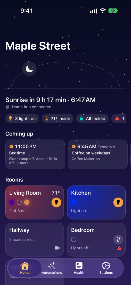 ZoxoHome on an iPhone: the Maple Street home, with the time to sunrise, what's coming up tonight and tomorrow, and its rooms